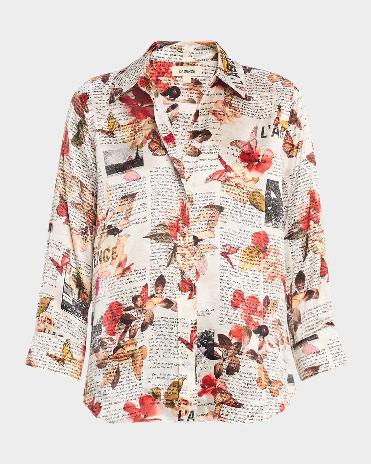 dani butterfly rose newspaper silk blouse