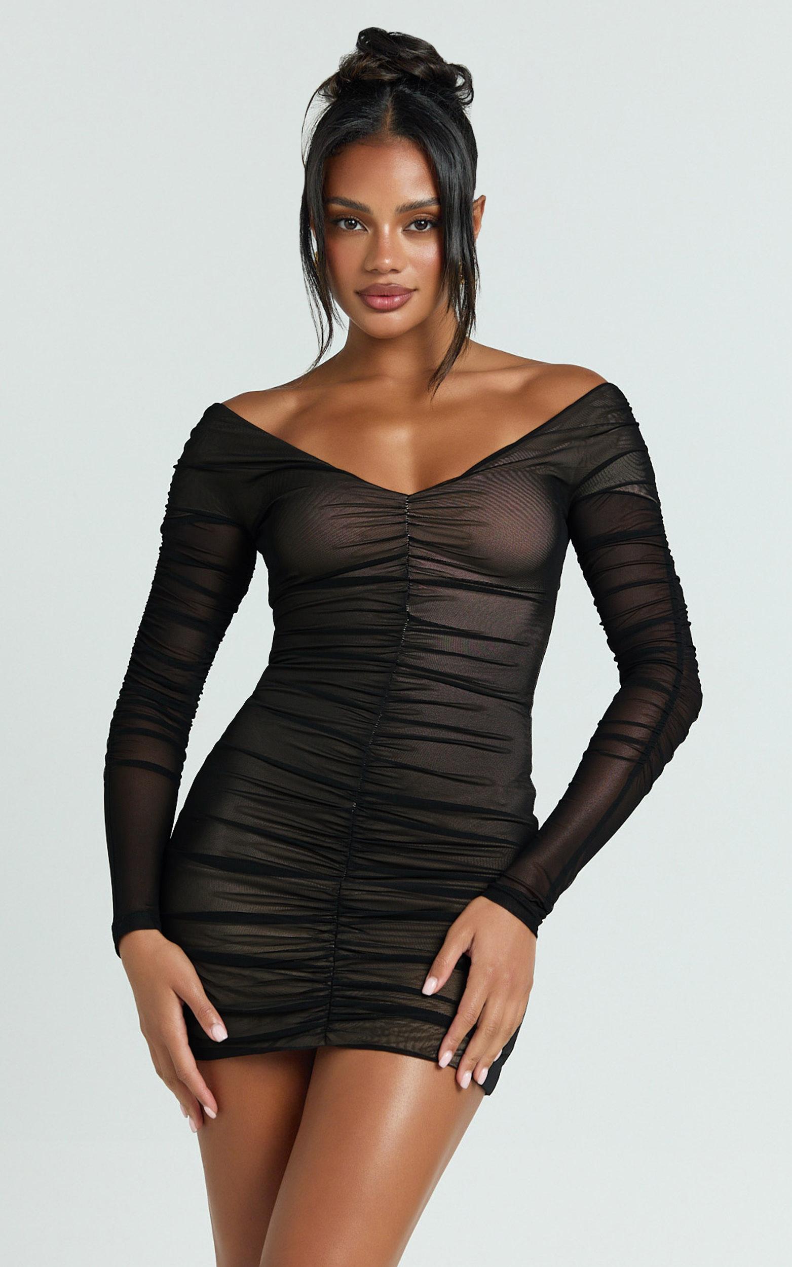 dani mini dress - mesh long sleeve off shoulder ruched dress in black