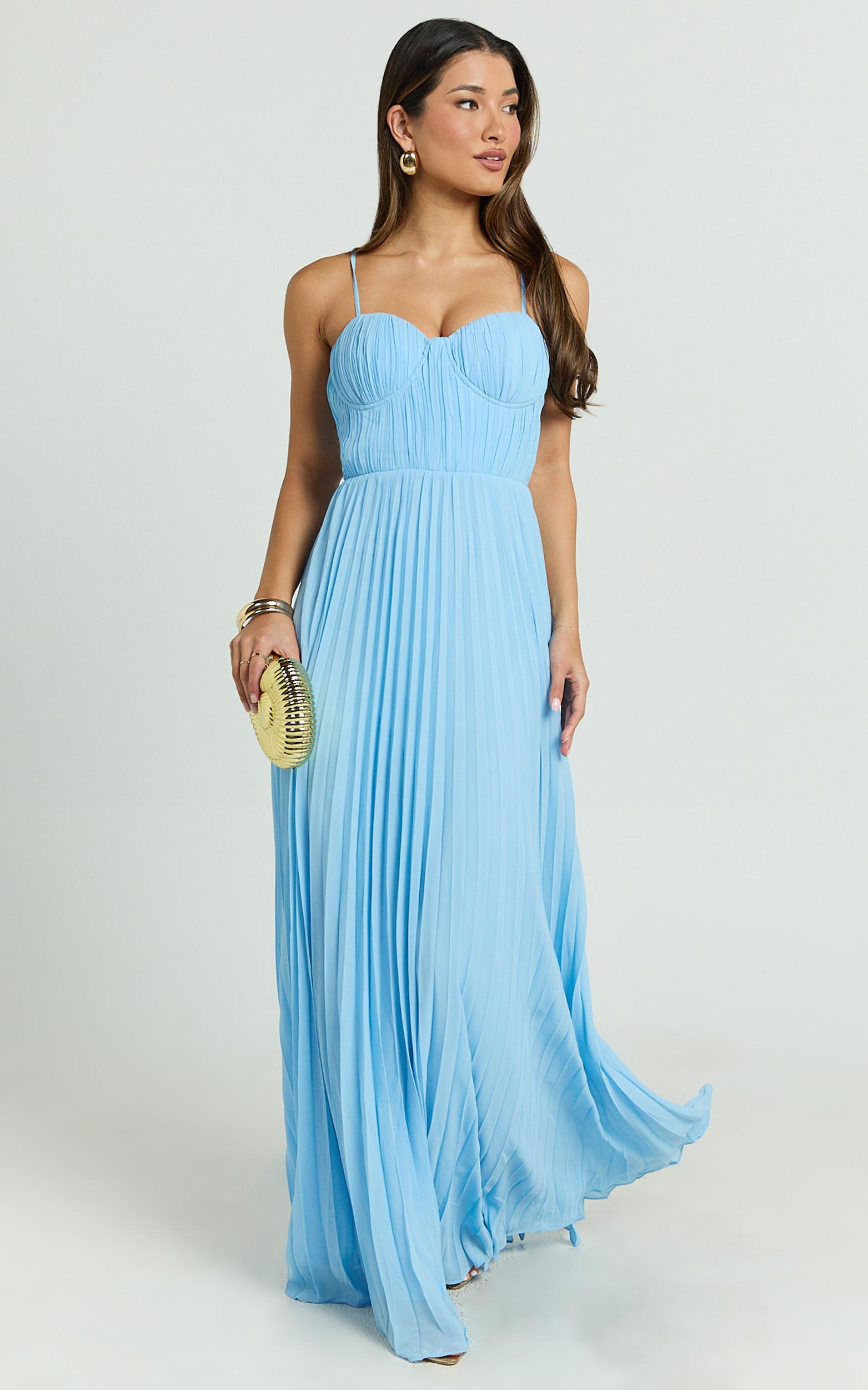 dannika maxi dress - blue pleated dress in blue