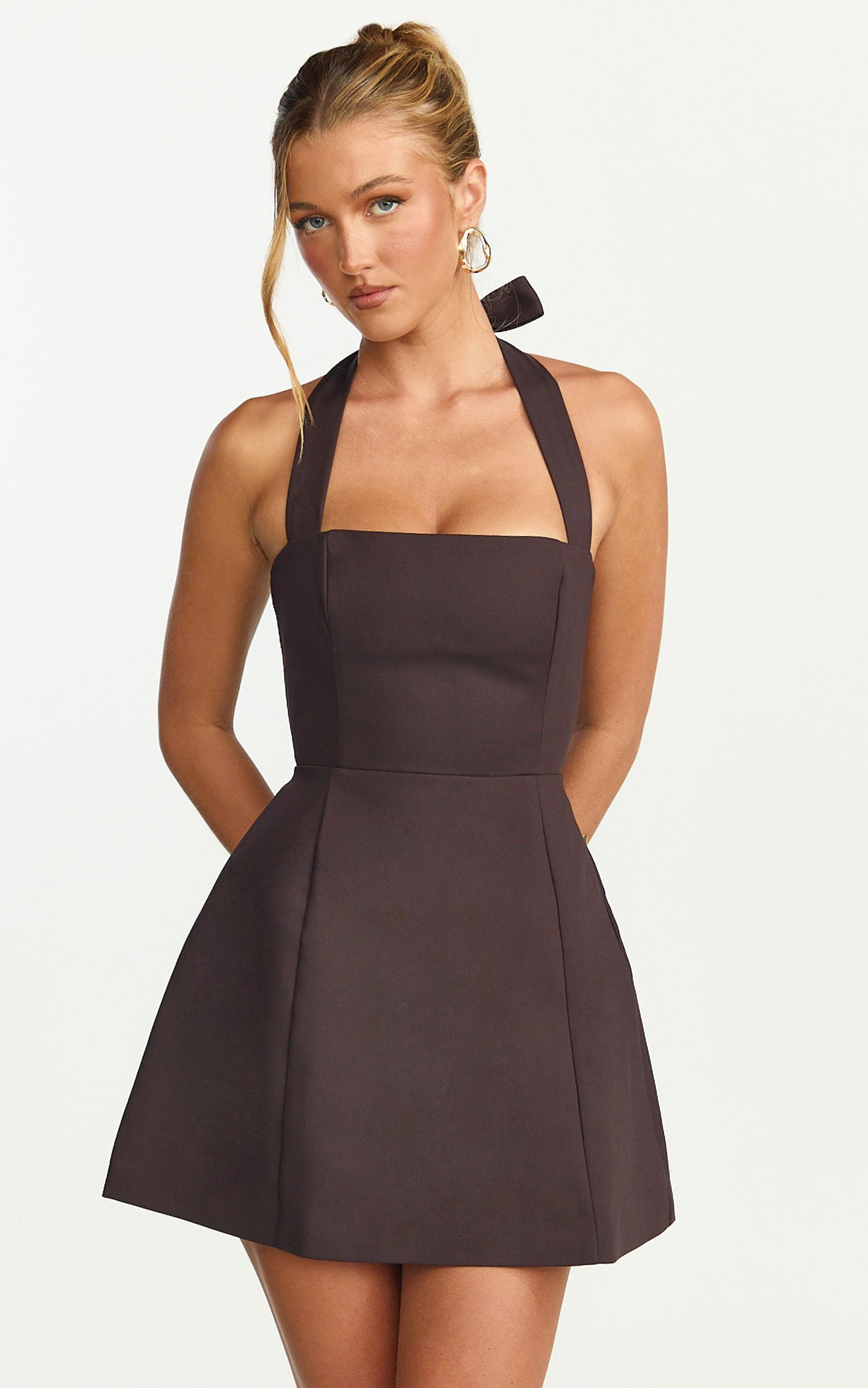 dante mini dress - halter neck tie tulip skirt dress in chocolate