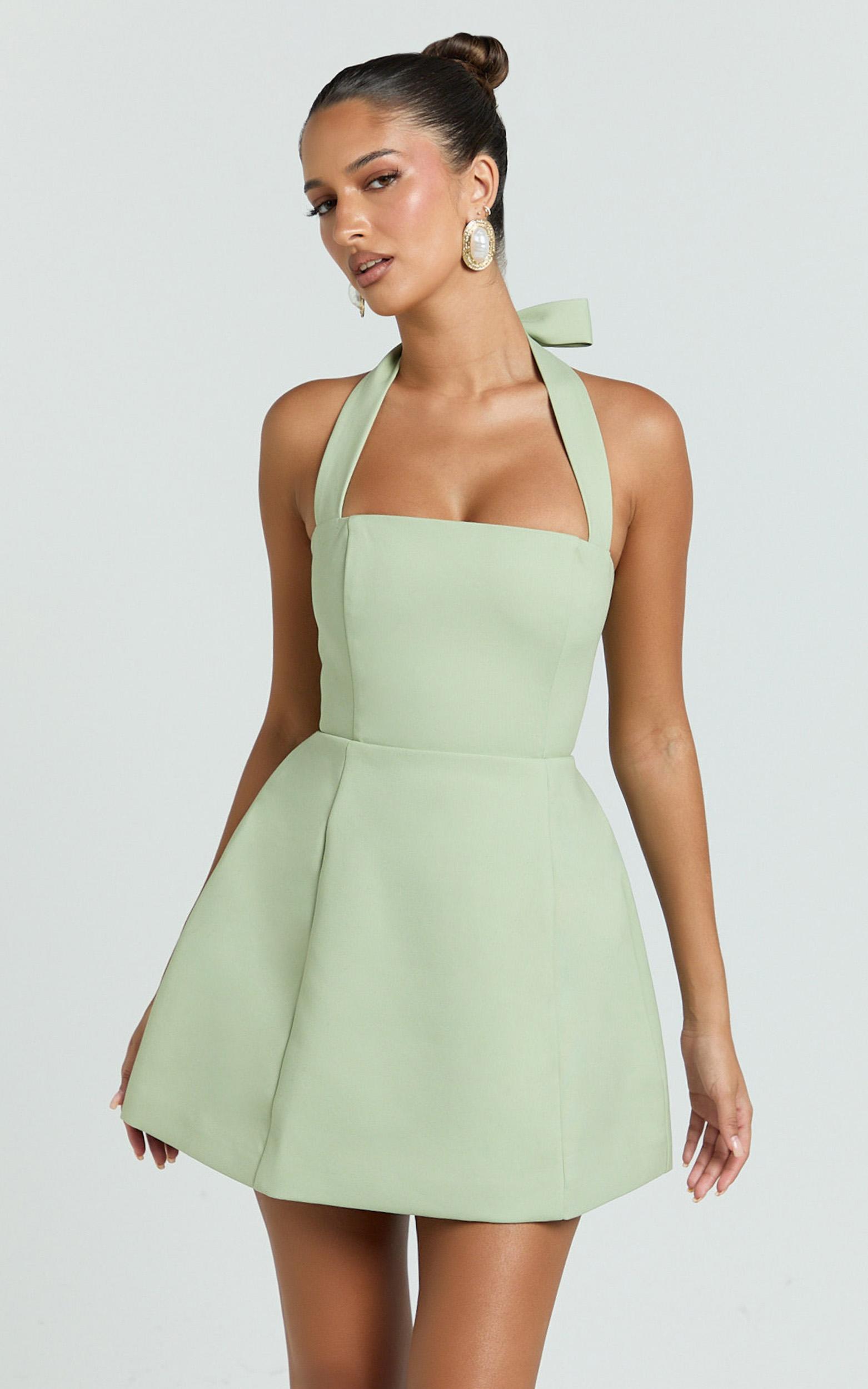 dante mini dress - halter neck tie tulip skirt dress in sage