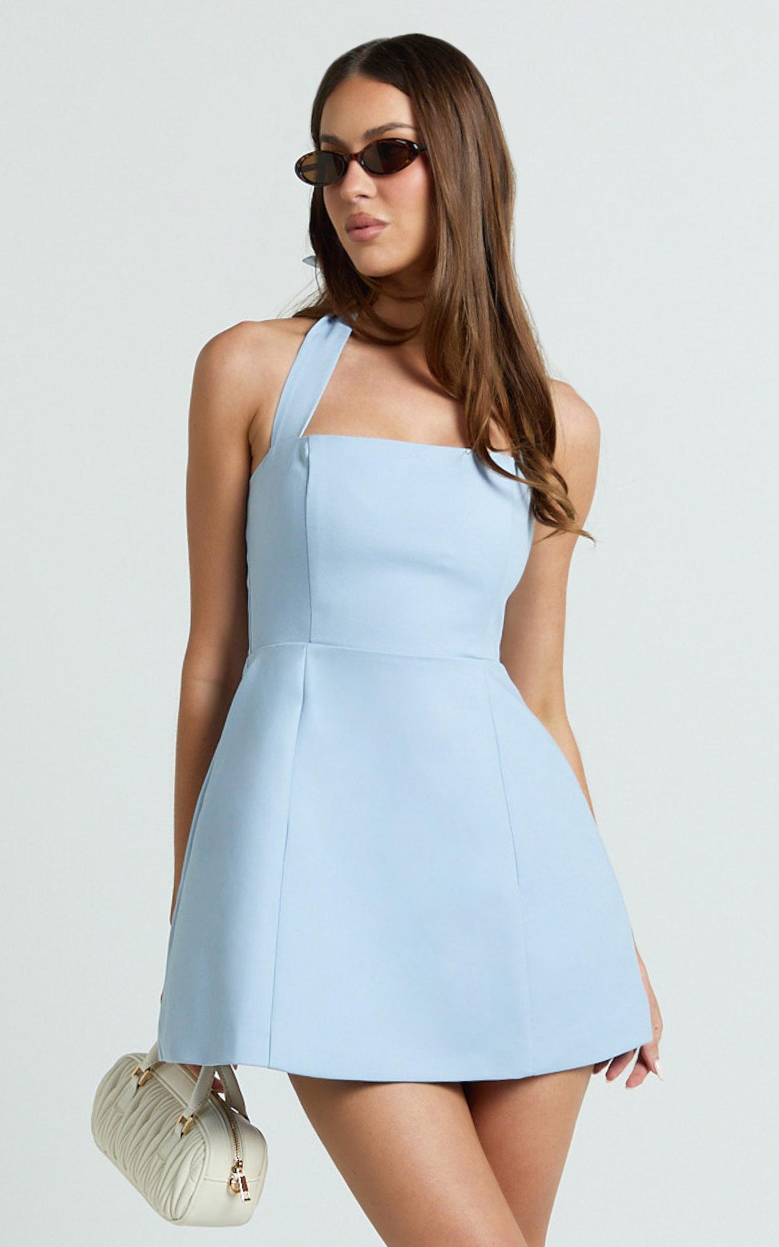 dante mini dress - halter neck tie tulip skirt dress in soft blue