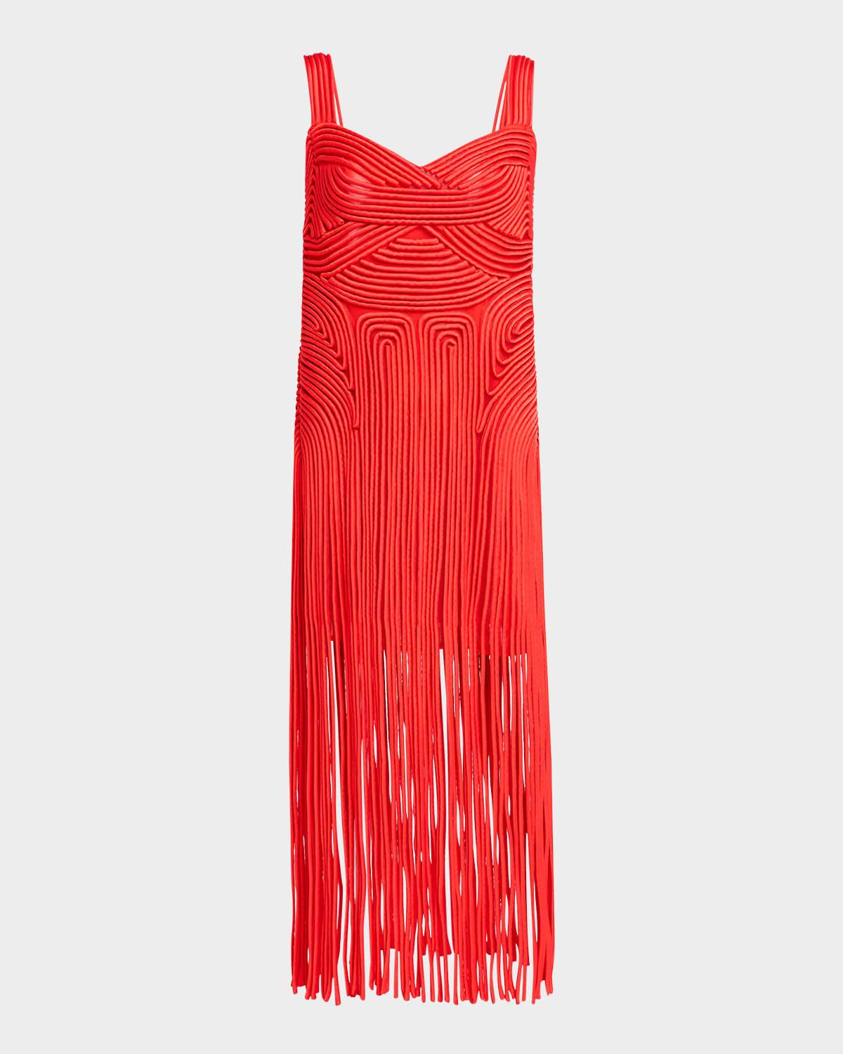 darby sweetheart macramé fringe midi dress
