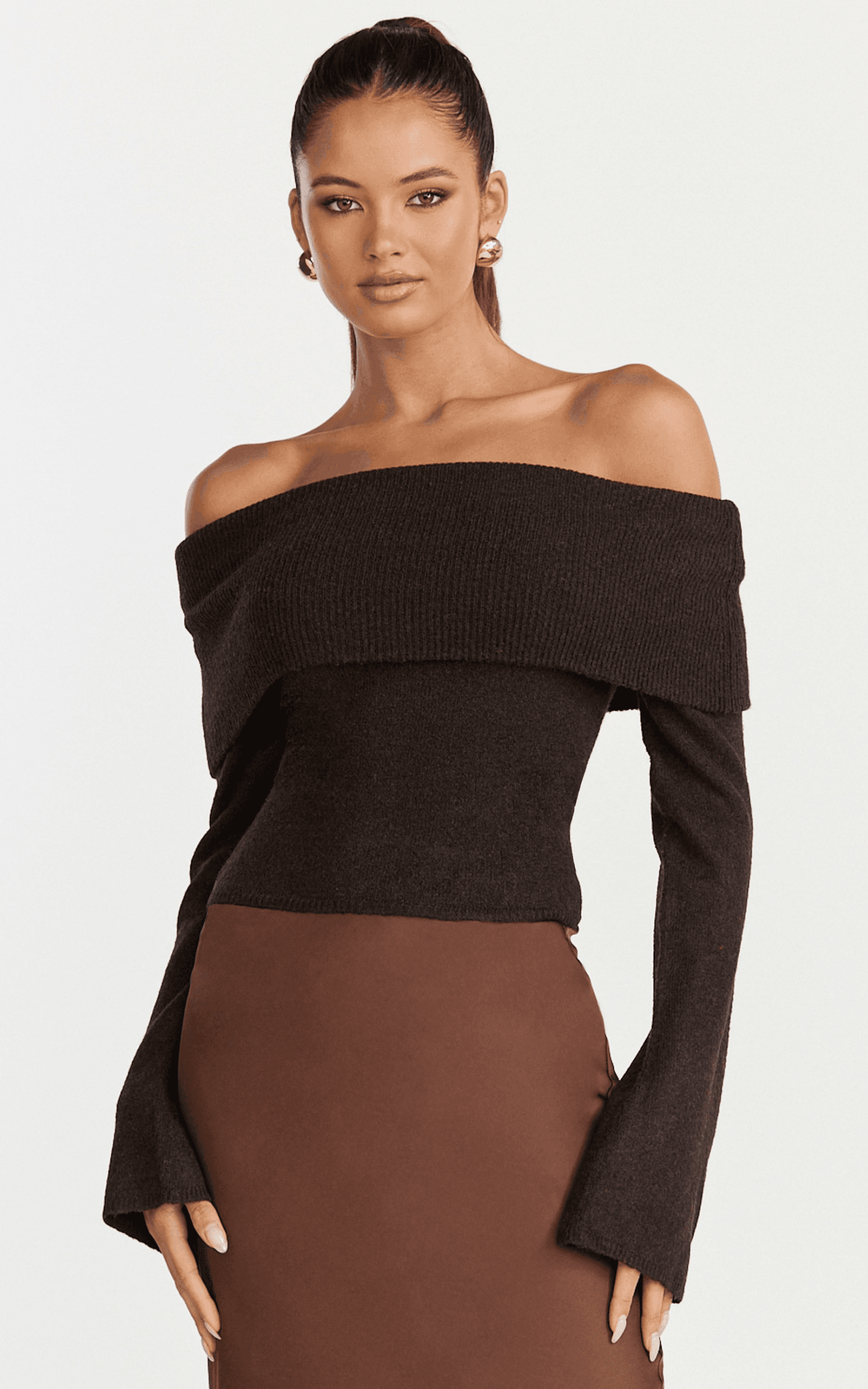 darcie top - off shoulder long sleeve knitted top in chocolate