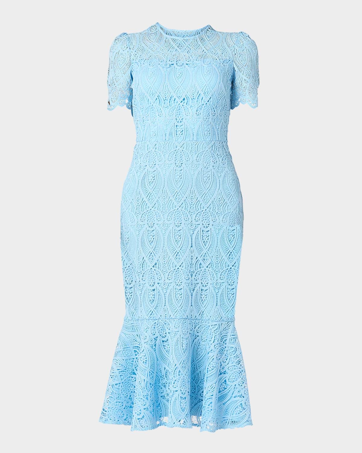 darcy geometric lace flounce midi dress