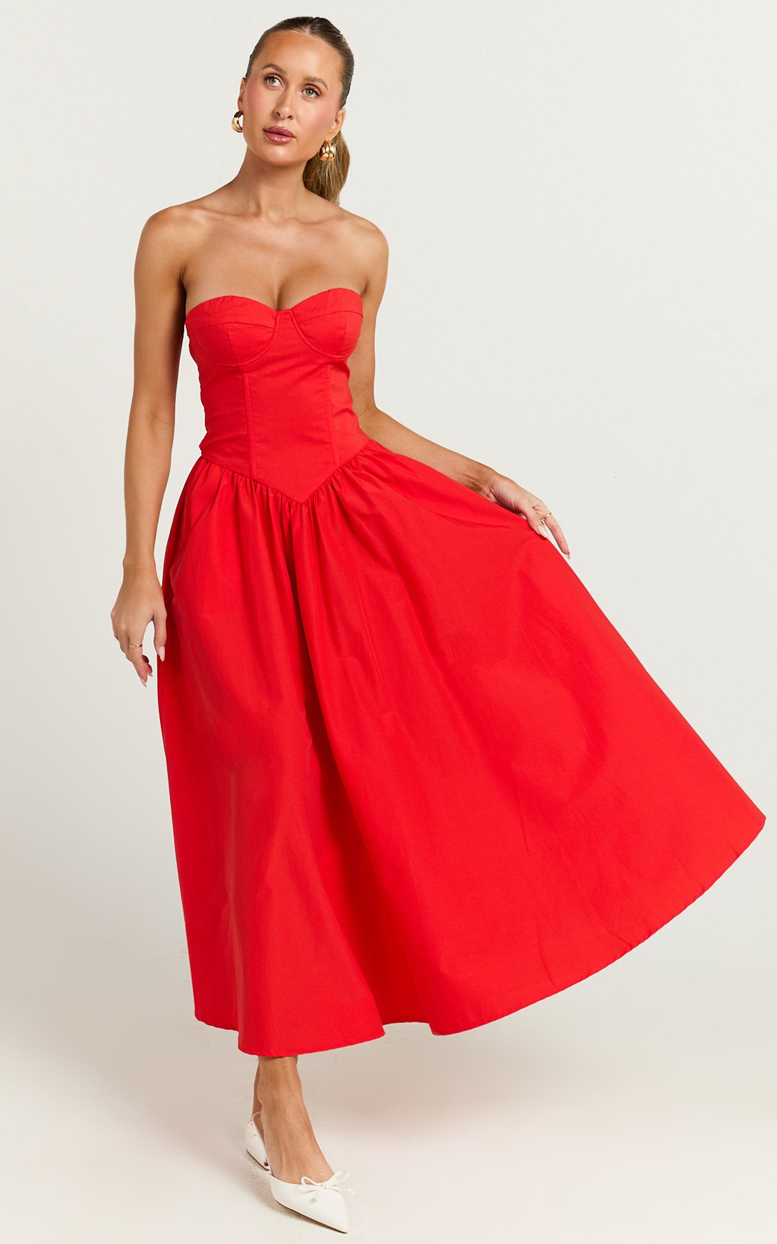 daria midi dress - strapless corset gathered dress in red