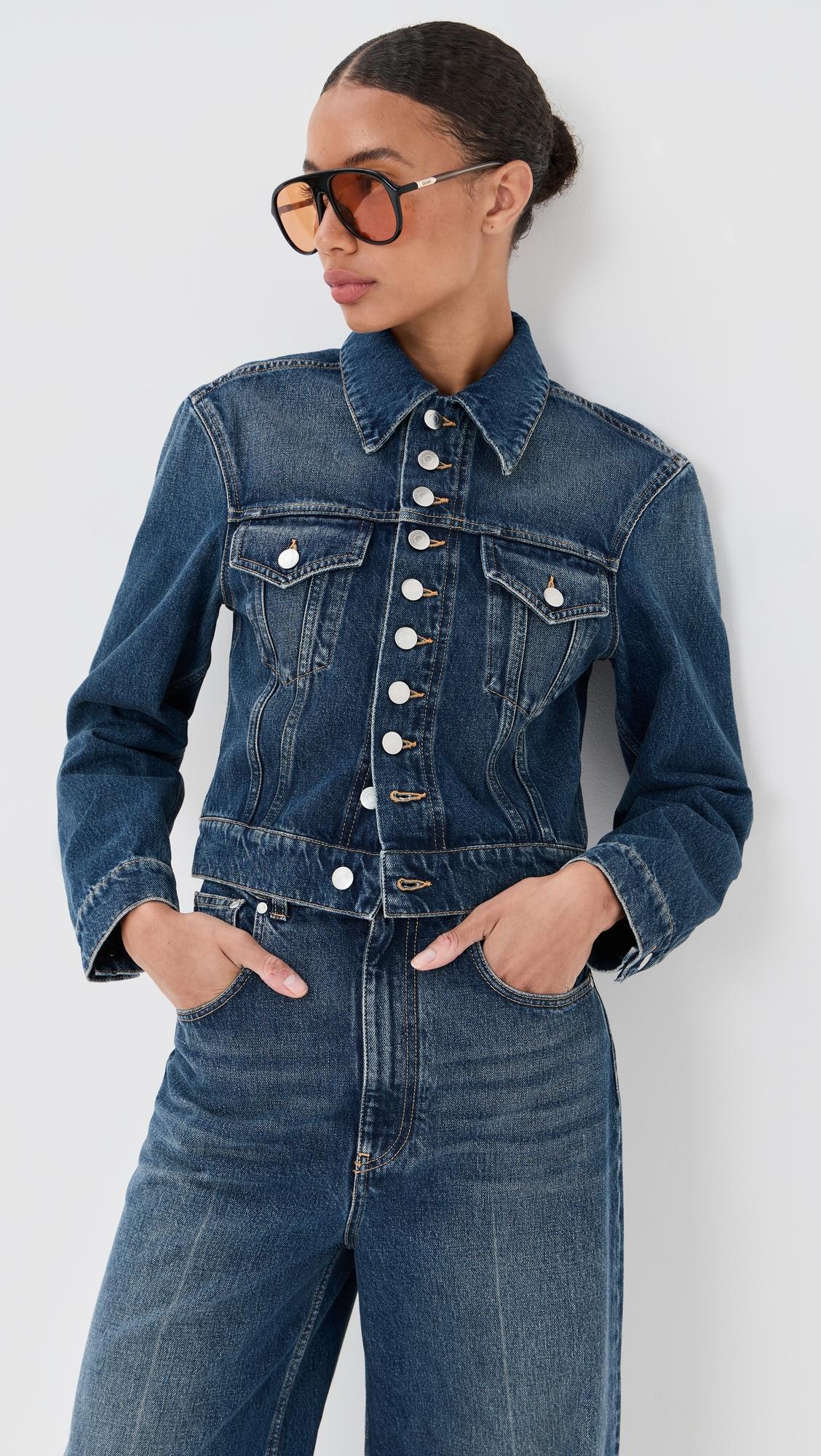 dark blue button up denim jacket