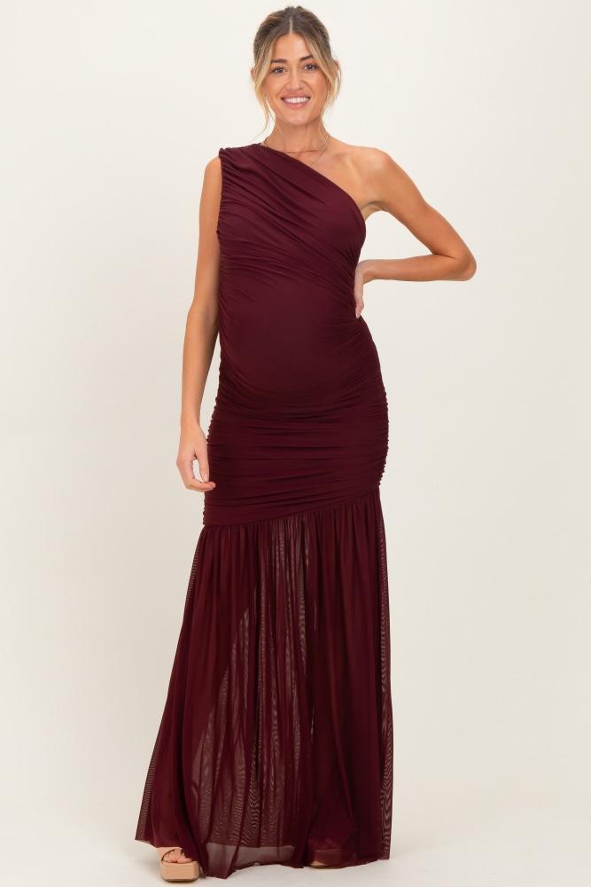 dark burgundy ruched mesh one shoulder maternity maxi dress