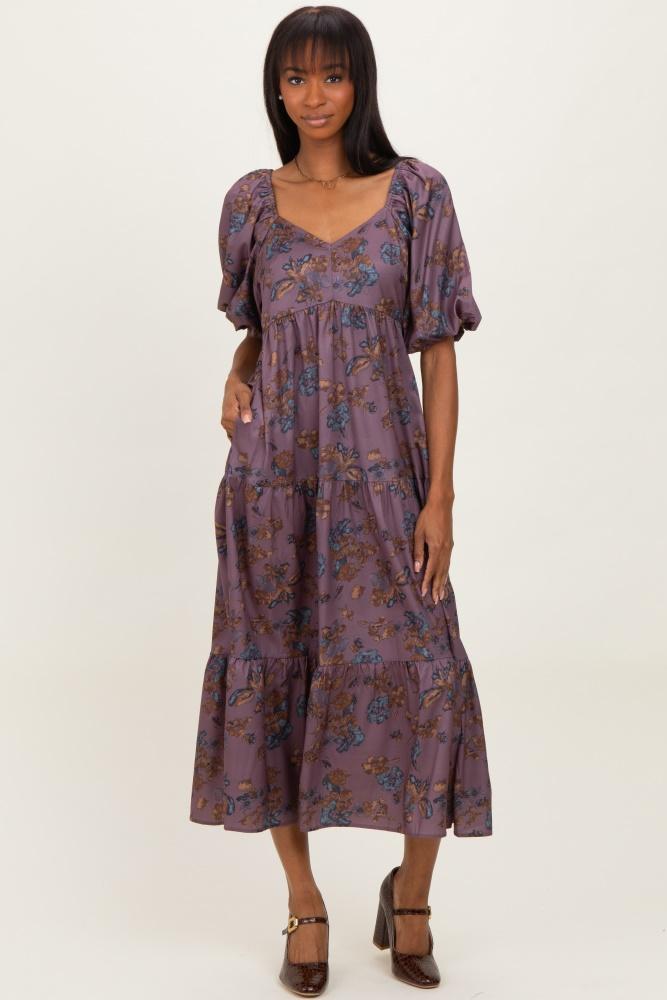 dark mauve floral bubble sleeve tiered maxi dress
