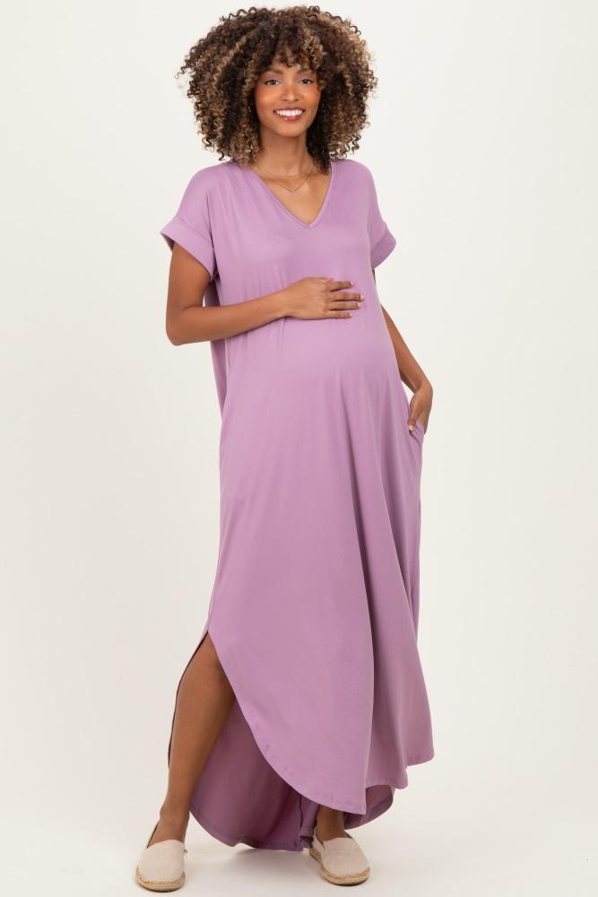 dark mauve side slit maternity maxi dress