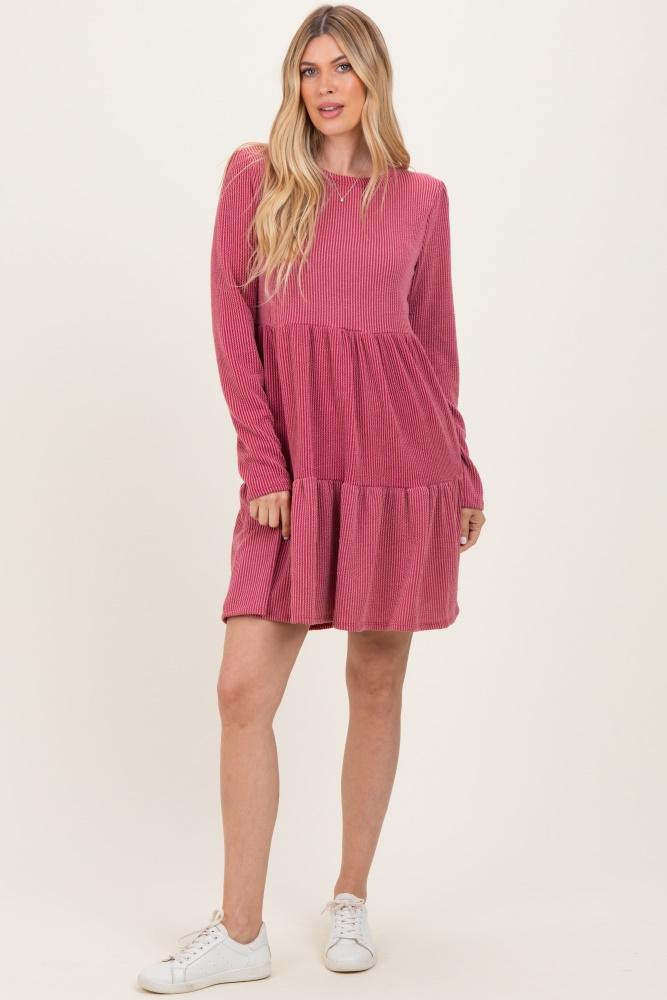 dark mauve textured rib tiered long sleeve dress