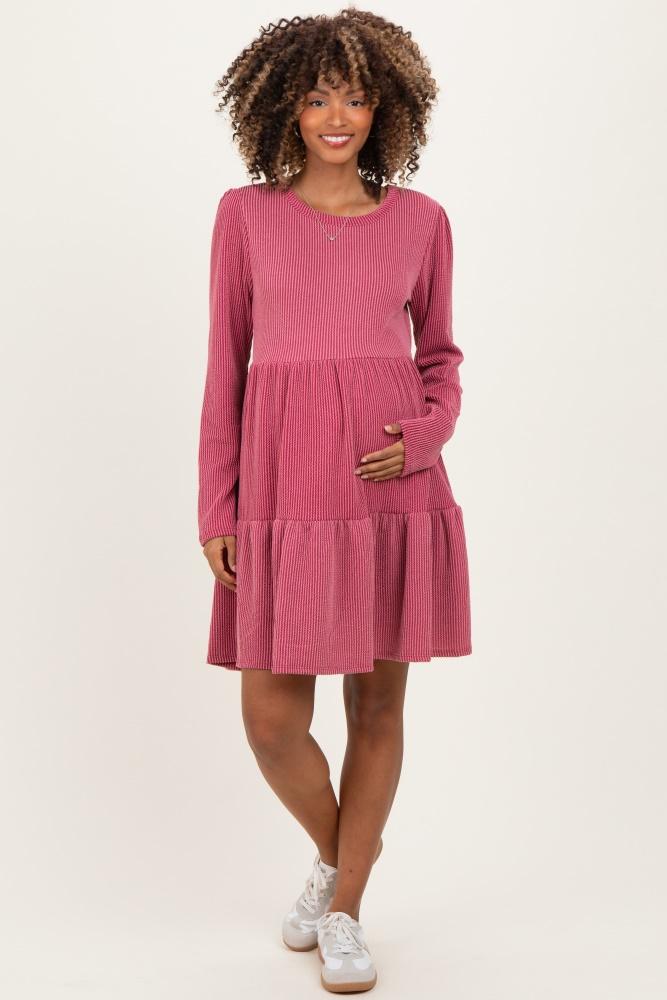 dark mauve textured rib tiered long sleeve maternity dress