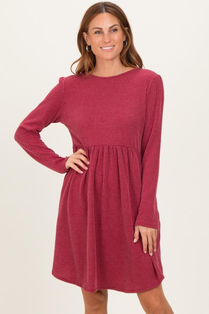 dark red textured rib long sleeve dress