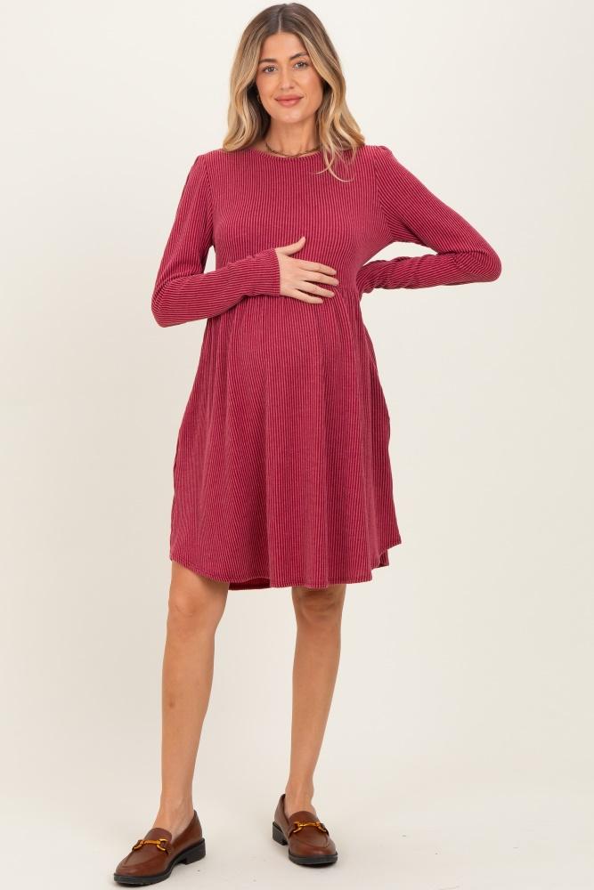 dark red textured rib long sleeve maternity dress