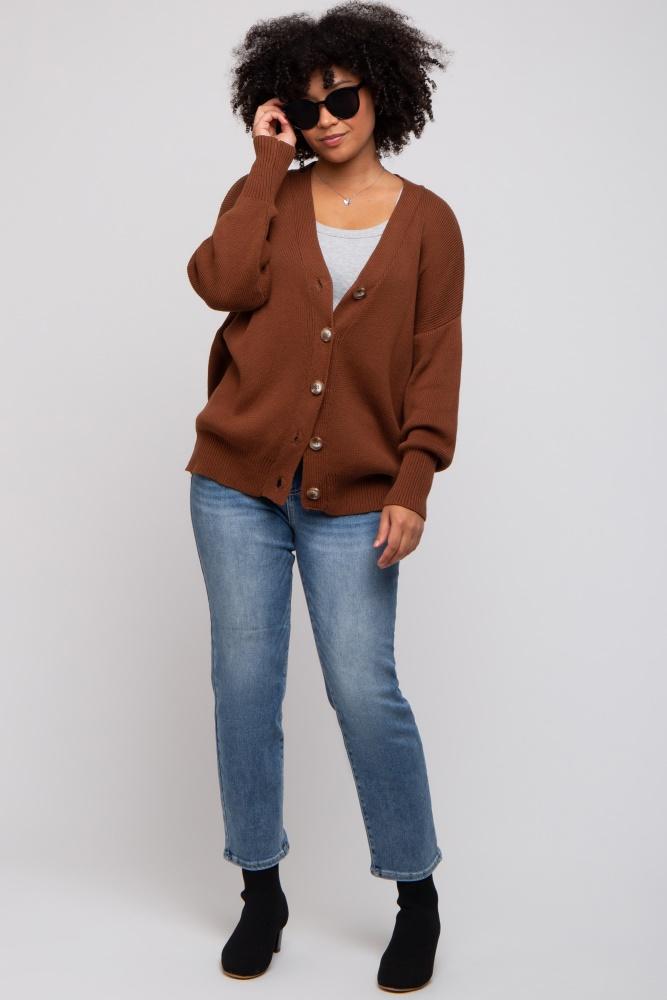 dark rust basic ribbed cardigan sweater