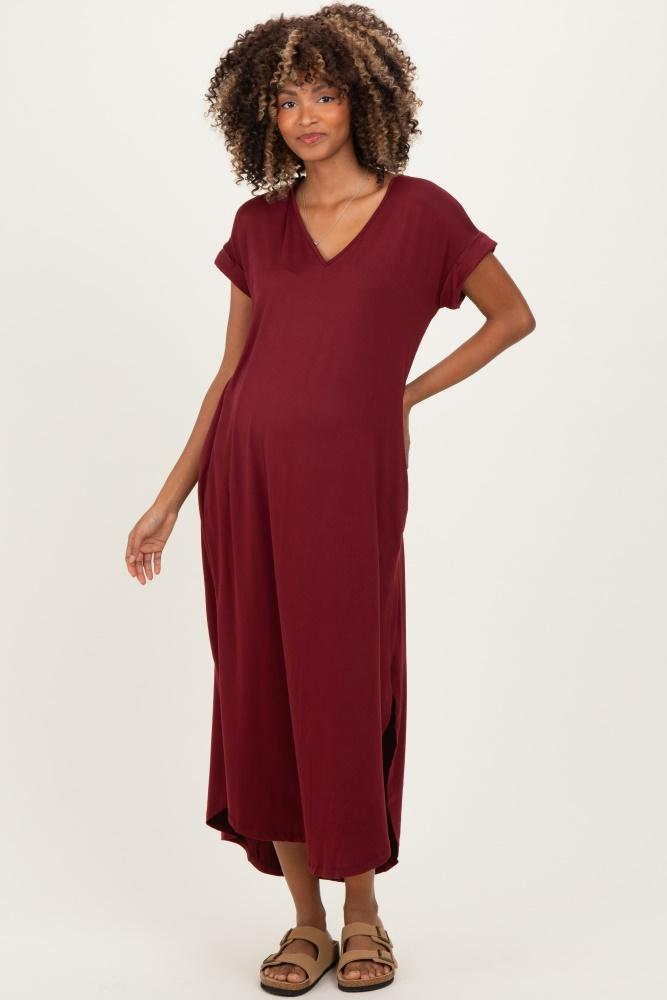 dark wine side slit maternity maxi dress