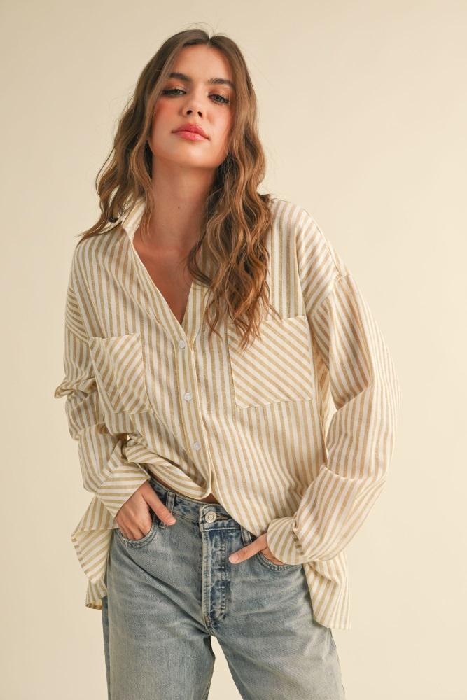 dark yellow striped double pocket button down top