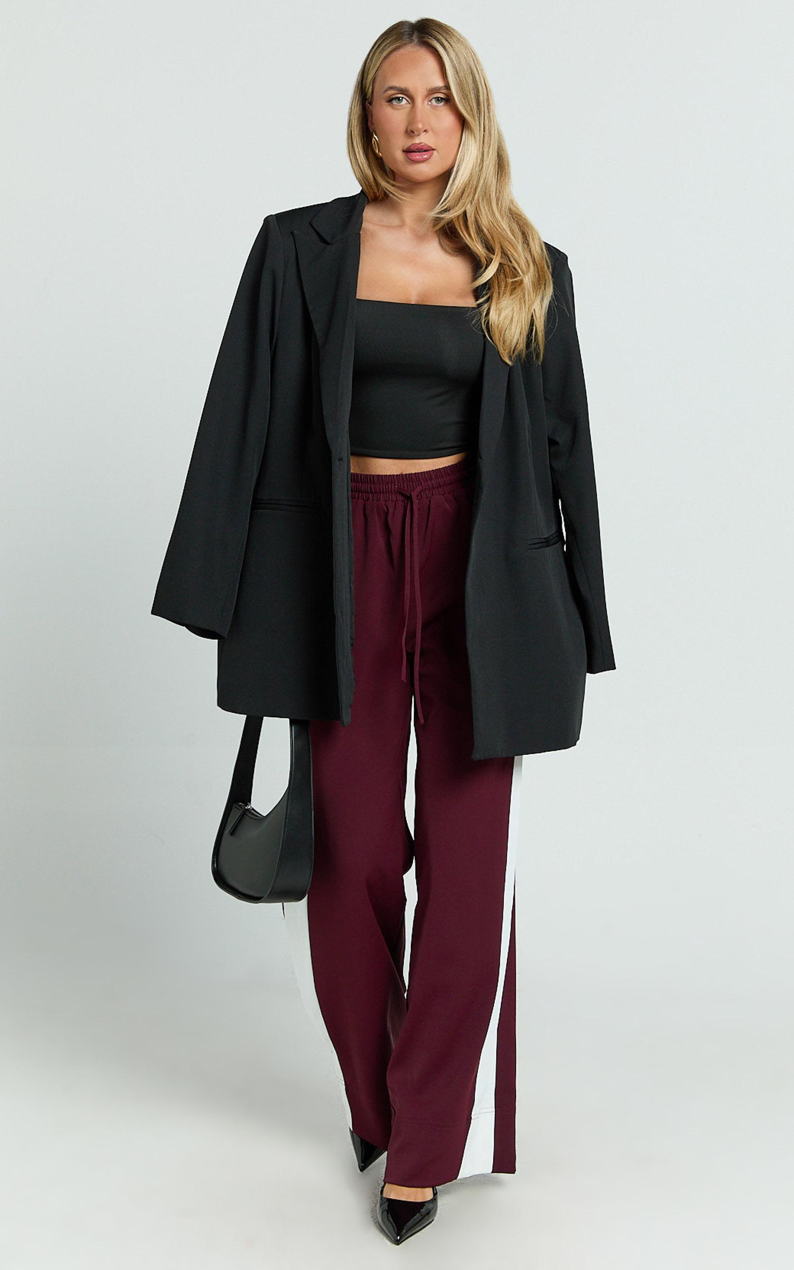 davi pants - drawstring waist contrast panel tailored pants in burgundy