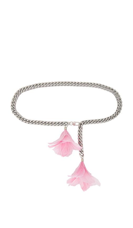 david koma feather flower detail chunky chain belt in metallic silver.