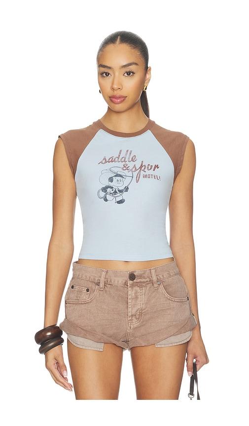daydreamer saddle & spur motel raglan tank top in baby blue.