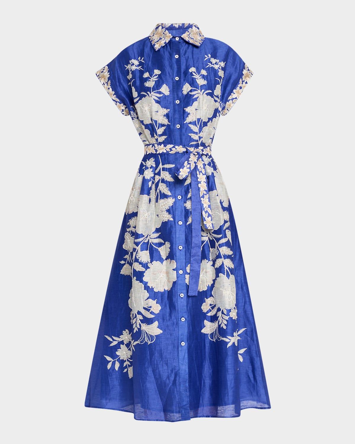 dazzling blue floral embroidered midi shirtdress