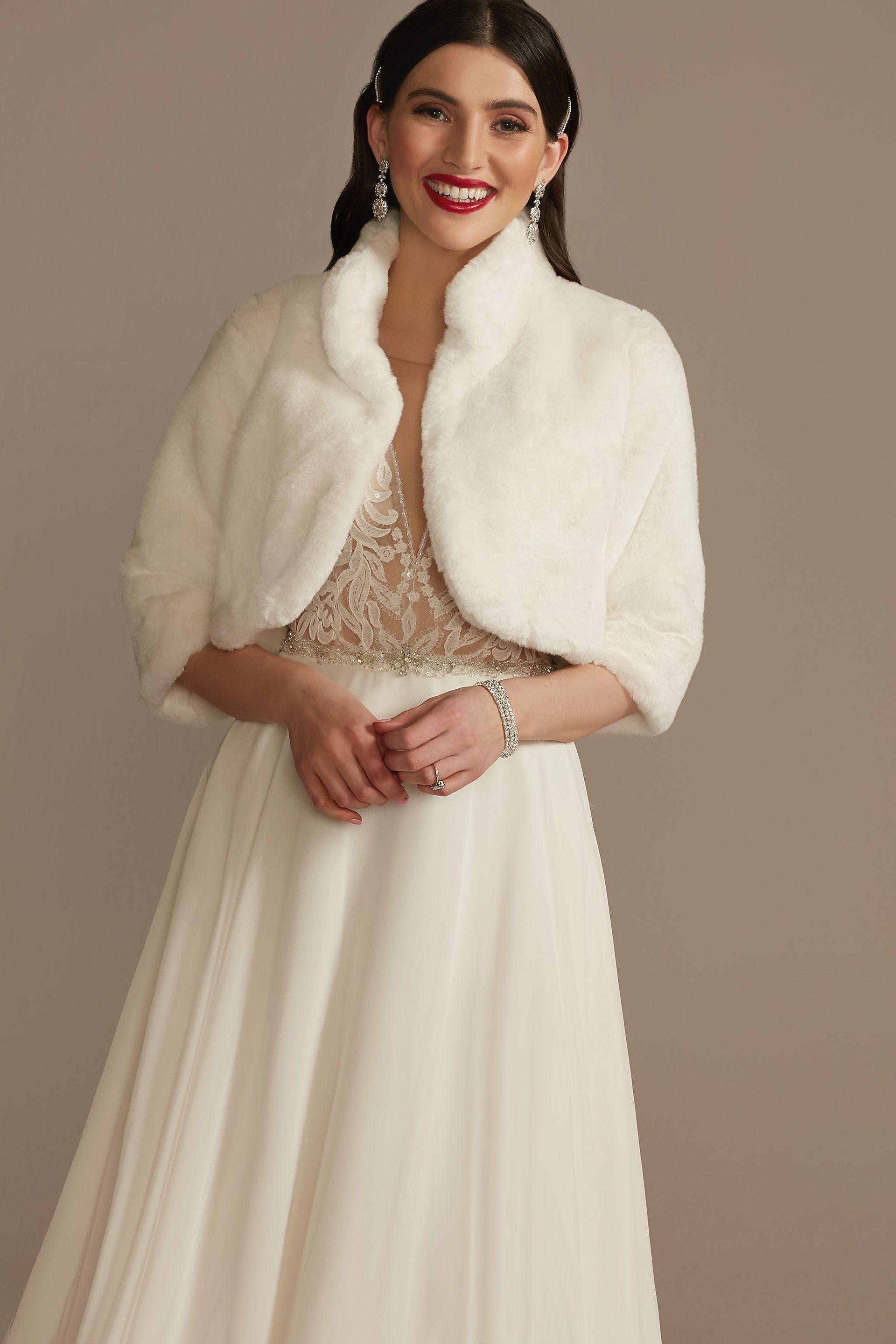 db studio faux fur open-front collared jacket in ivory size: large david's bridal