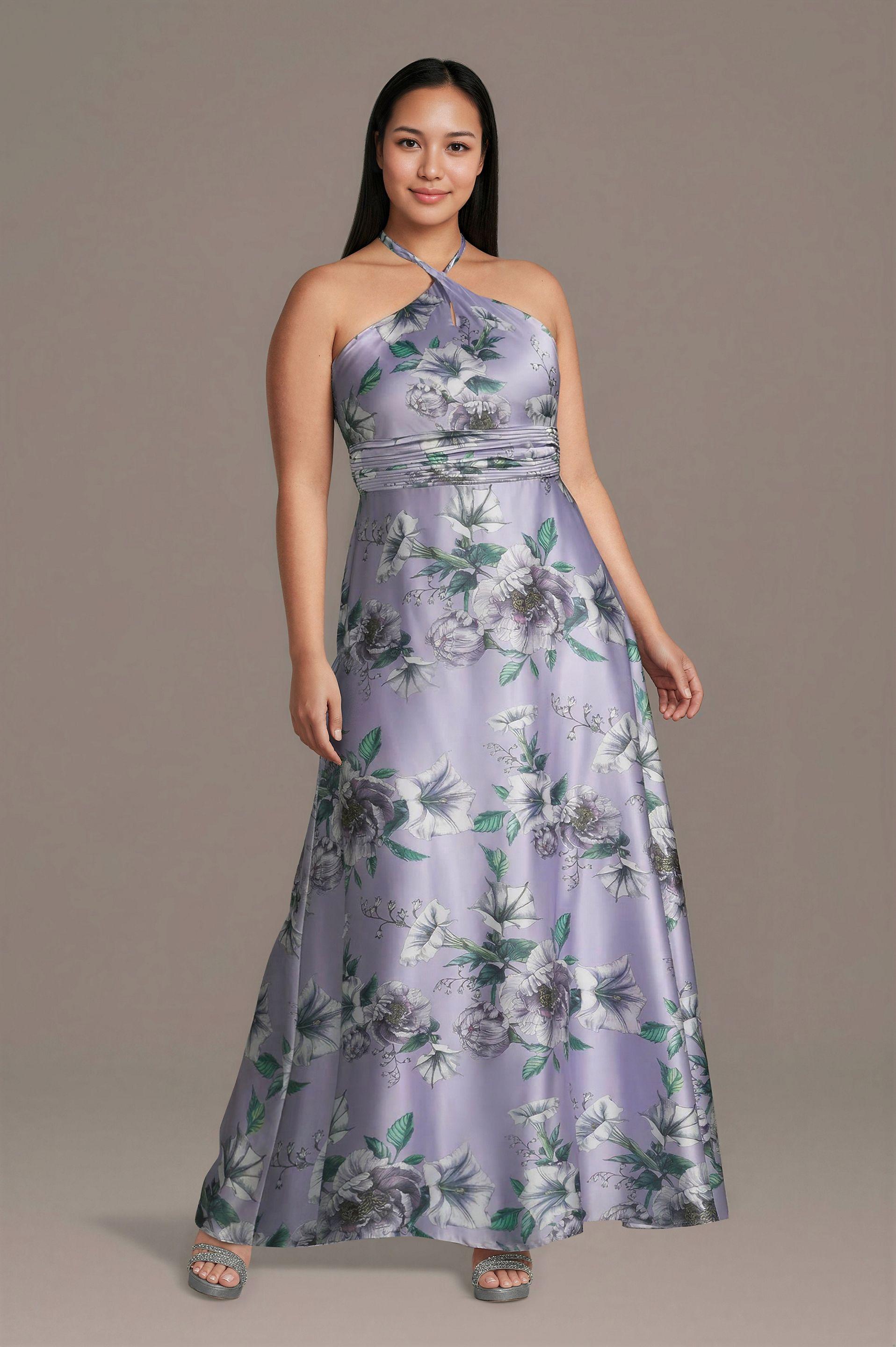 db studio floral charmeuse halter a-line dress in purple multi size: 24 david's bridal