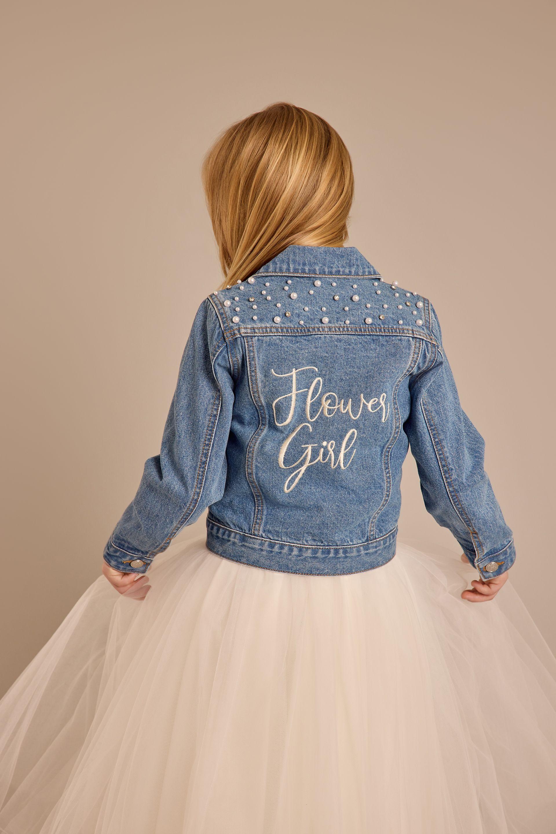 db studio flower girl denim jacket in blue size: small david's bridal