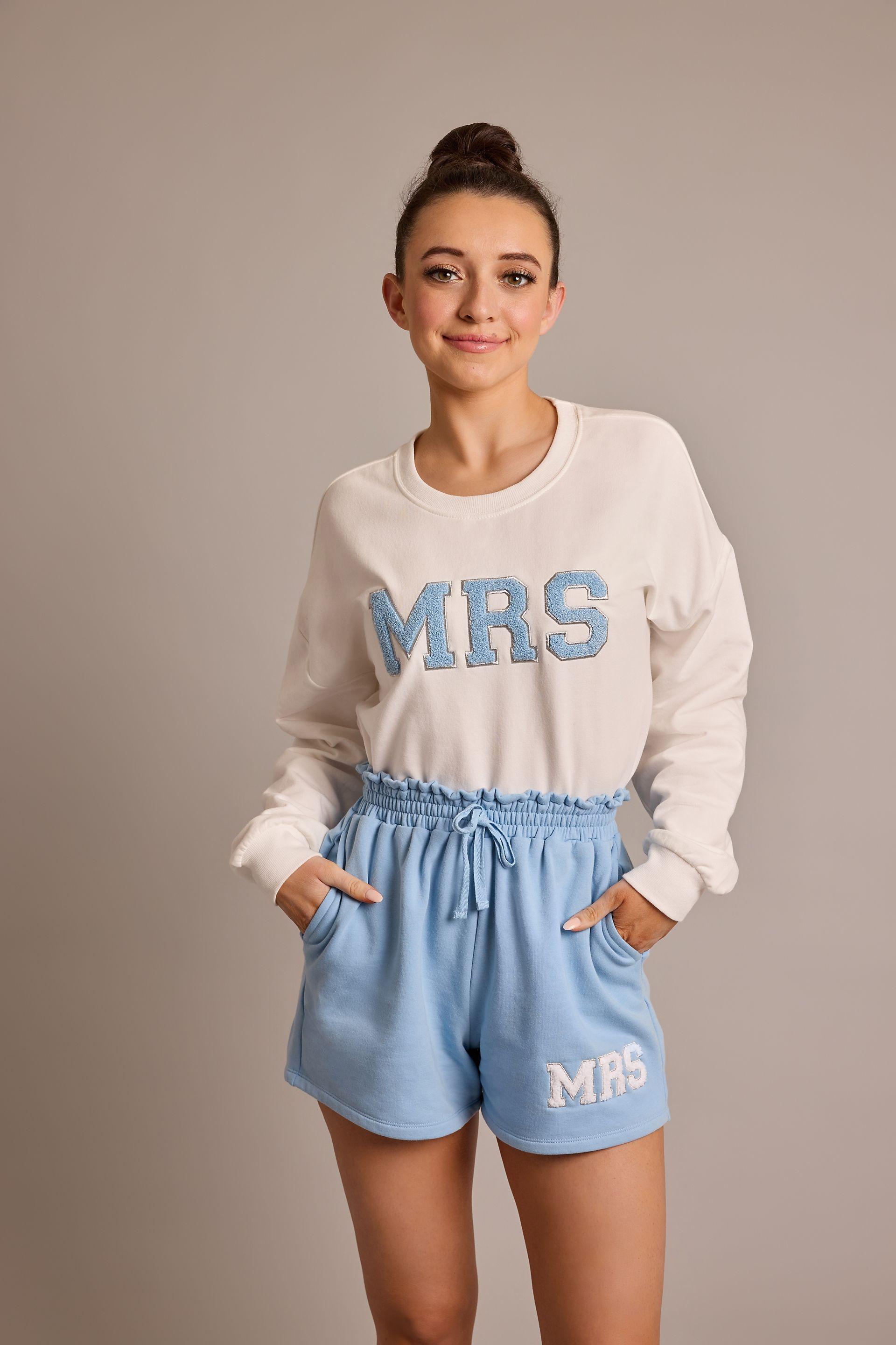 db studio mrs patch sweat shorts in blue size: large david's bridal
