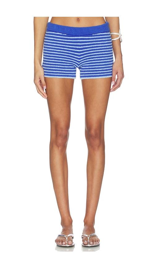 de rococo boucle micro mini shorts in blue.