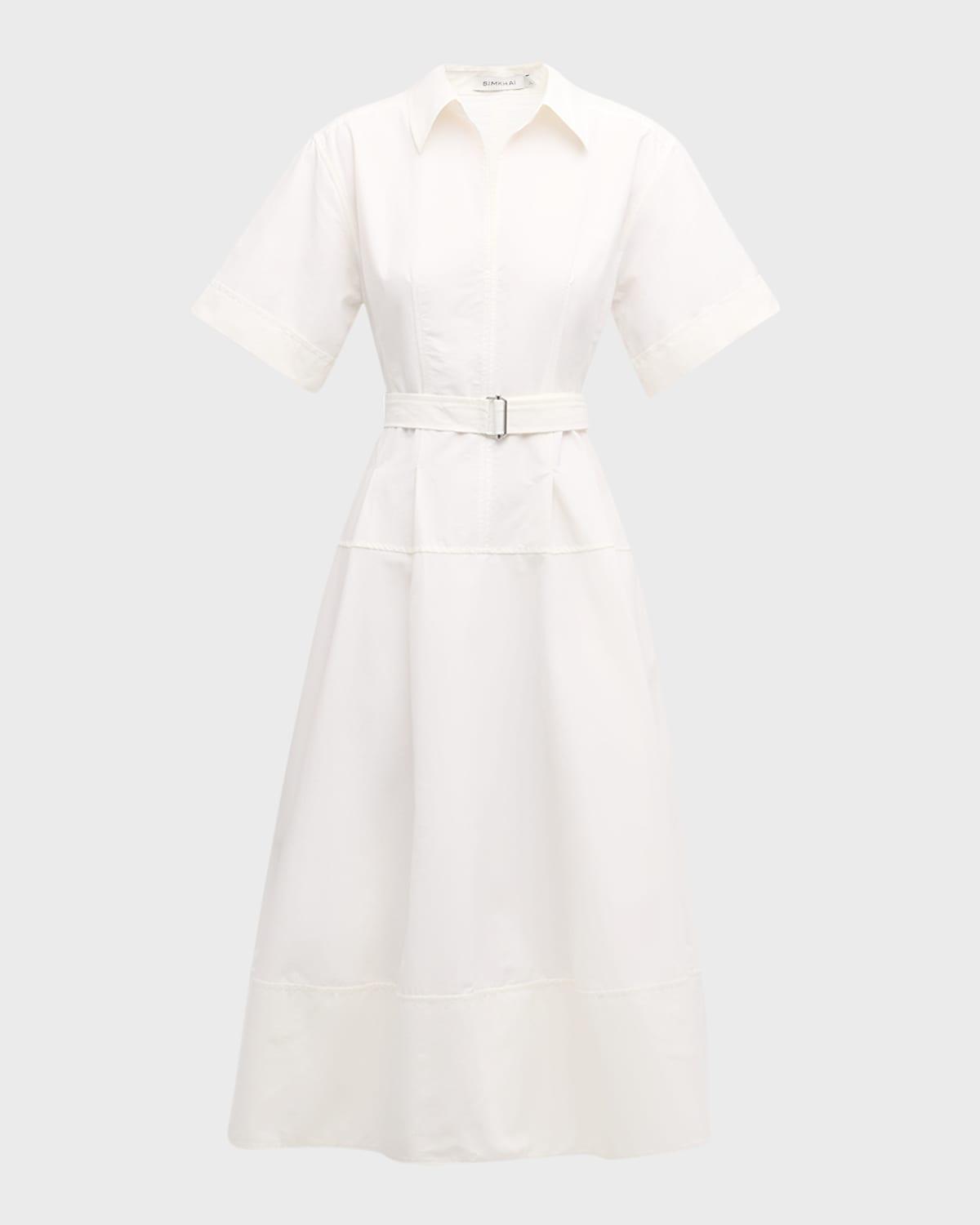 deanna belted poplin short-sleeve midi shirtdress