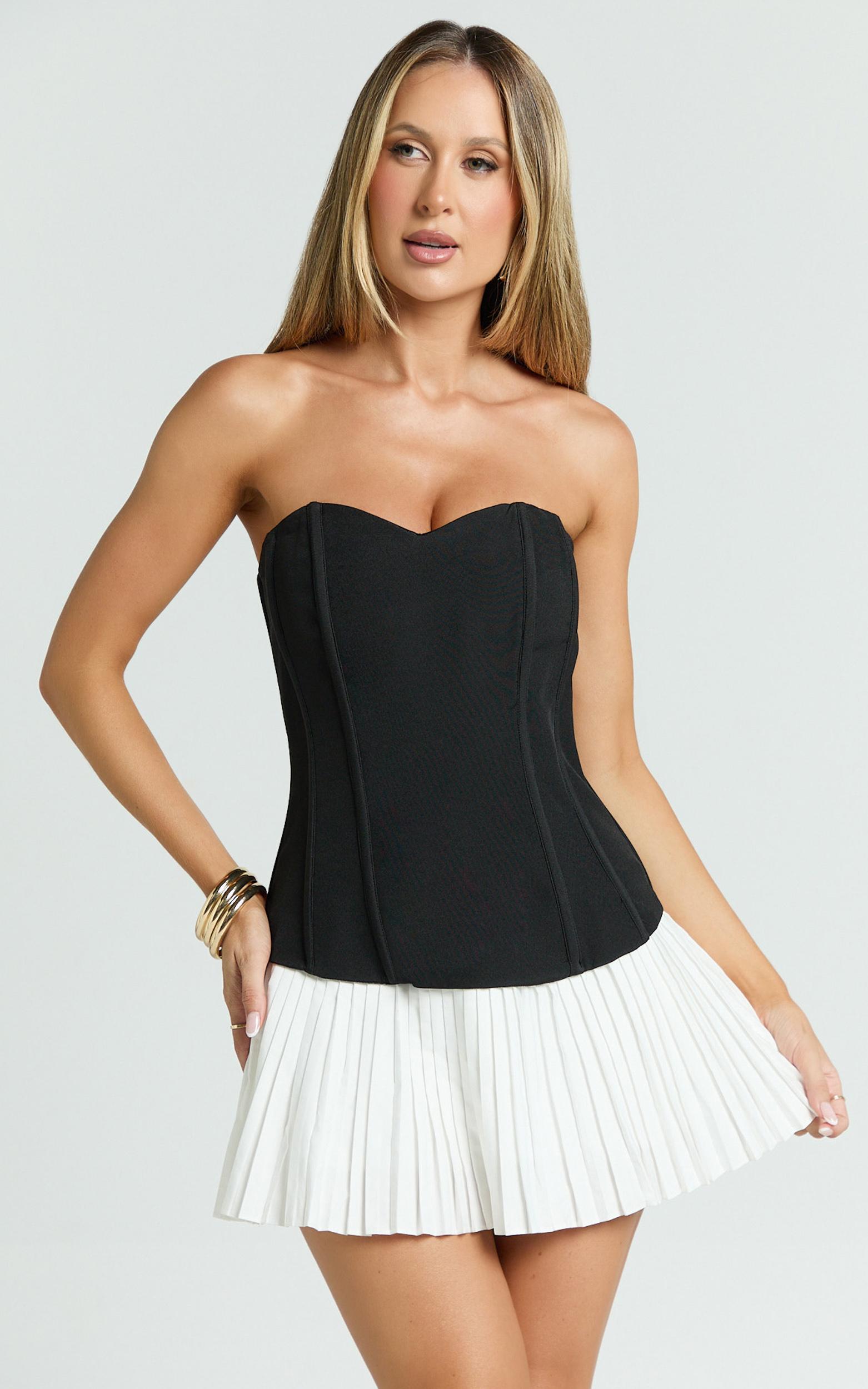 deb mini dress - strapless sweetheart contrast bodice pleated dress in white/black