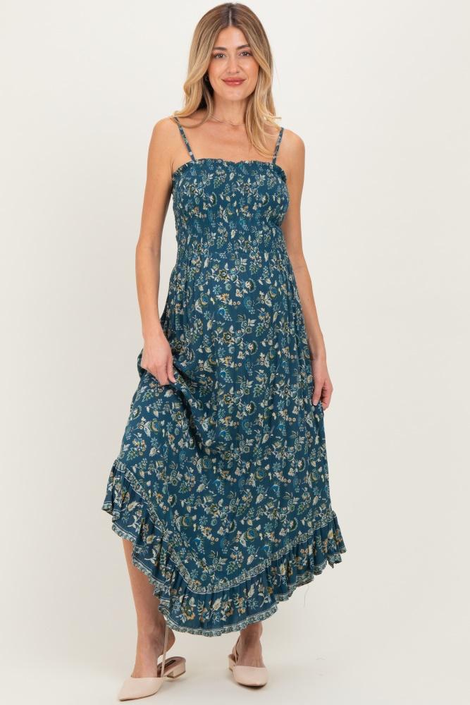 deep teal floral smocked handkerchief hem maternity dress