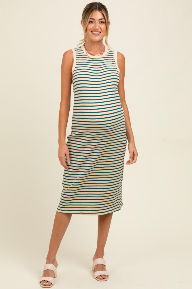deep teal striped ribbed knit sleeveless maternity midi dress