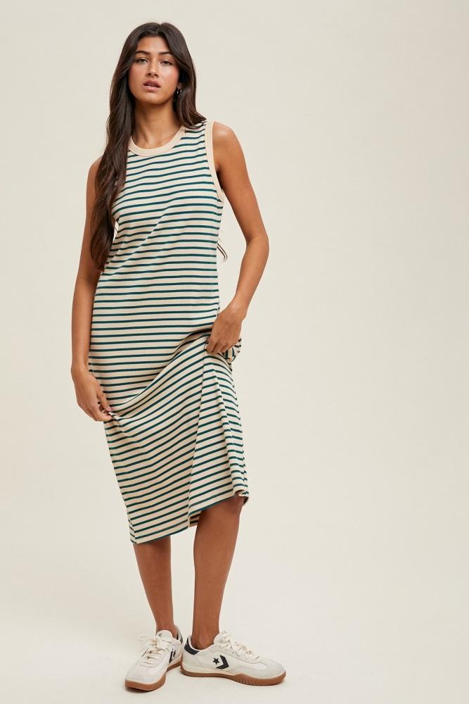 deep teal striped ribbed knit sleeveless midi dress