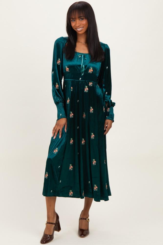 deep teal velvet embroidered floral midi dress