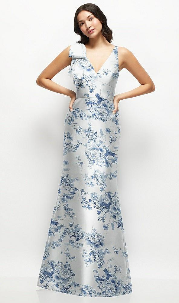 deep v-back floral satin trumpet dress with one-shoulder cascading bow