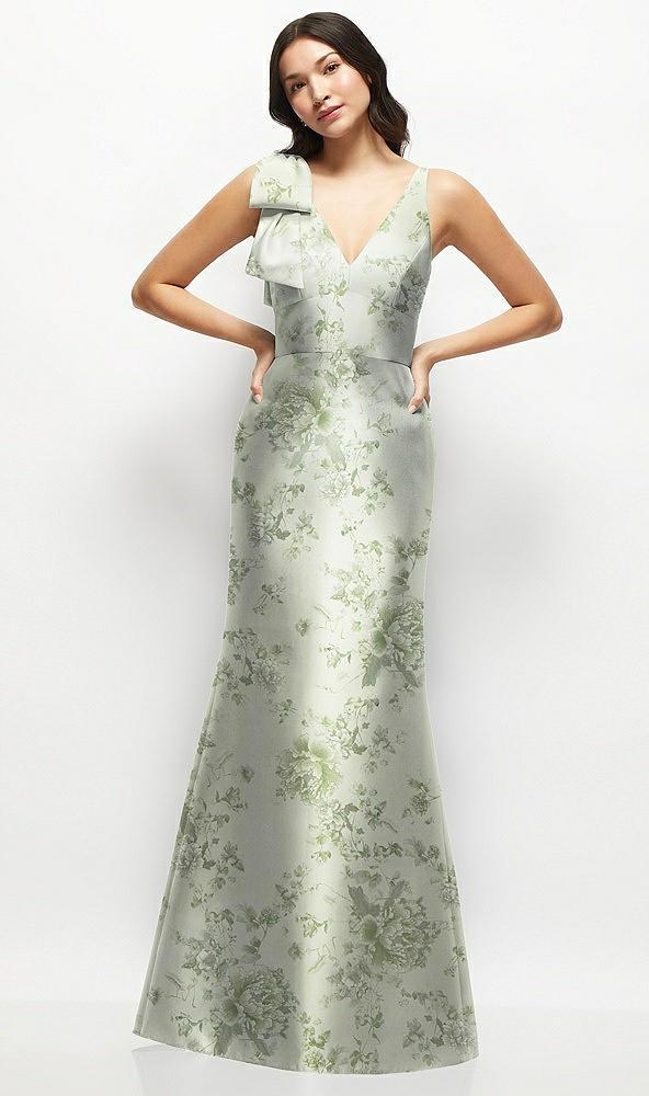 deep v-back floral satin trumpet dress with one-shoulder cascading bow