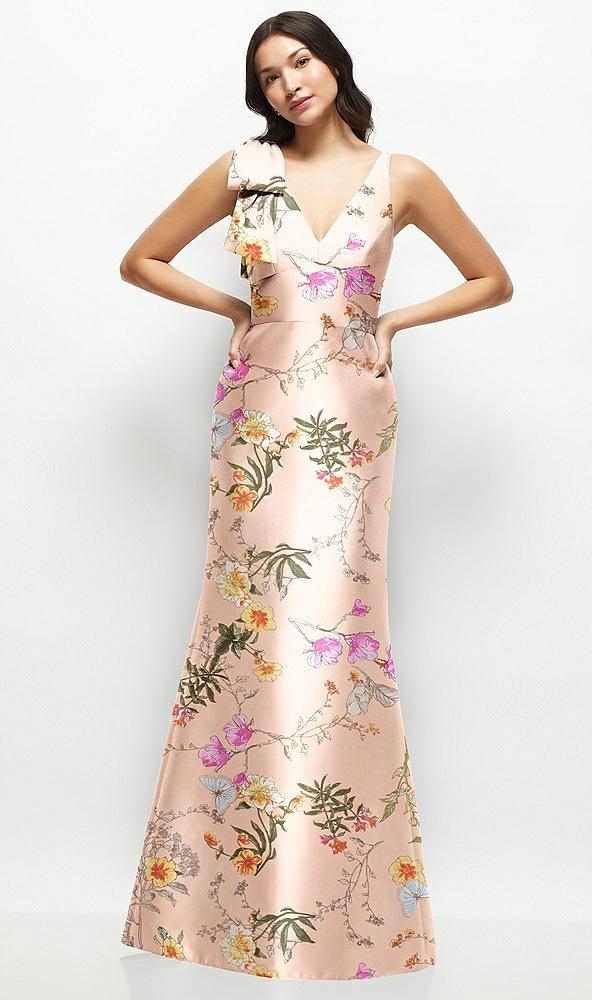 deep v-back floral satin trumpet dress with one-shoulder cascading bow