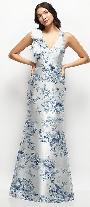 deep v-back floral satin trumpet dress with one-shoulder cascading bow