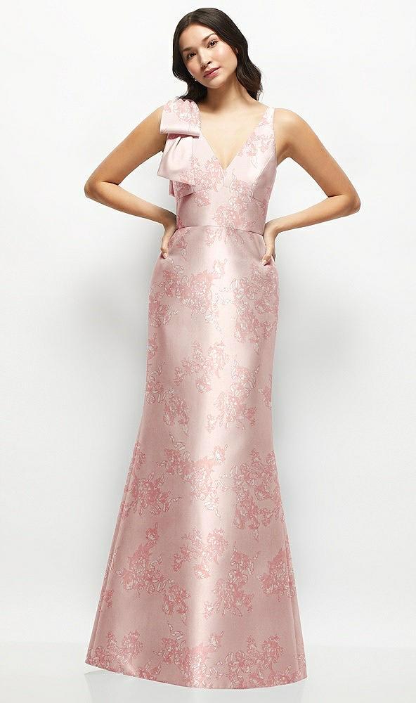 deep v-back floral satin trumpet dress with one-shoulder cascading bow