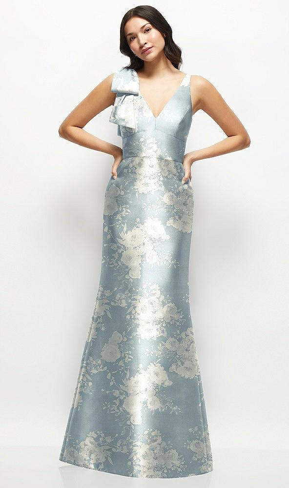 deep v-back floral satin trumpet dress with one-shoulder cascading bow