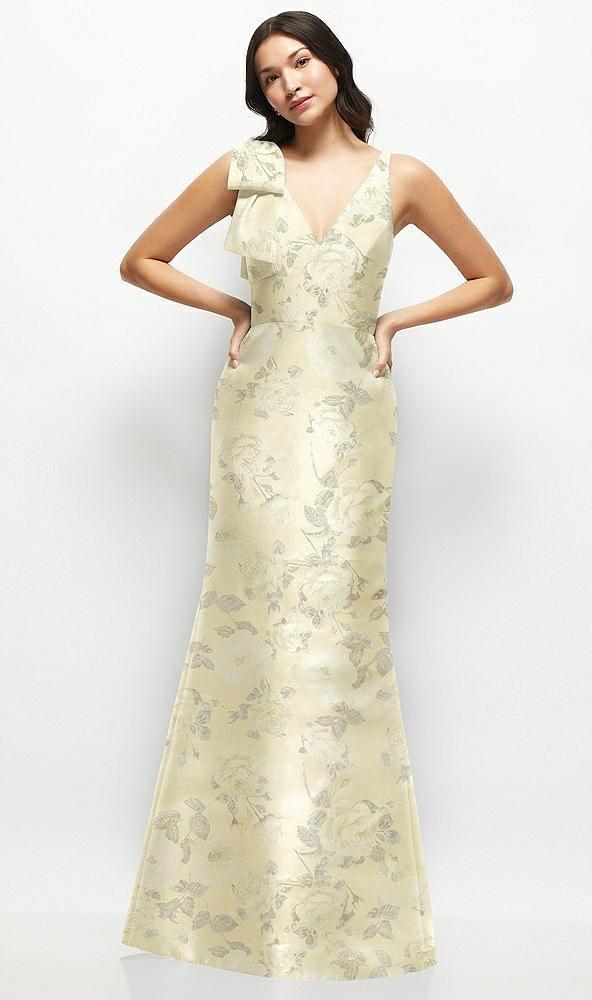 deep v-back floral satin trumpet dress with one-shoulder cascading bow