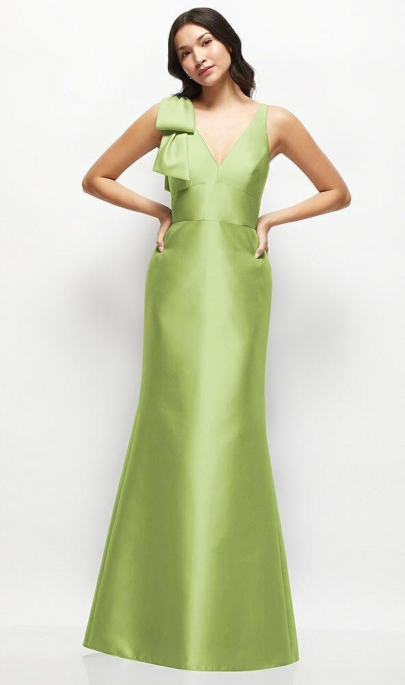 deep v-back satin trumpet dress with cascading bow at one shoulder