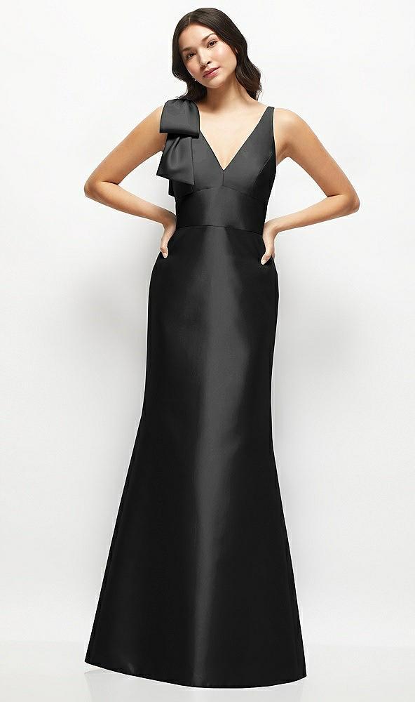 deep v-back satin trumpet dress with cascading bow at one shoulder