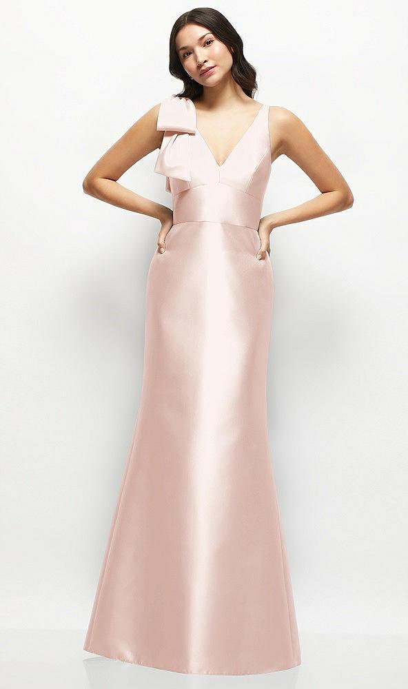 deep v-back satin trumpet dress with cascading bow at one shoulder