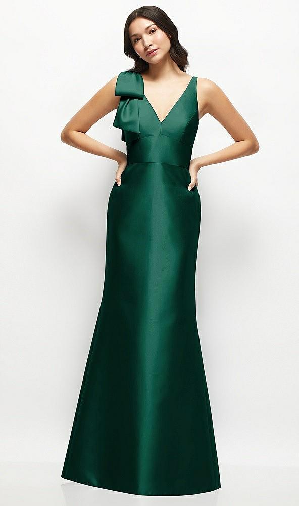 deep v-back satin trumpet dress with cascading bow at one shoulder