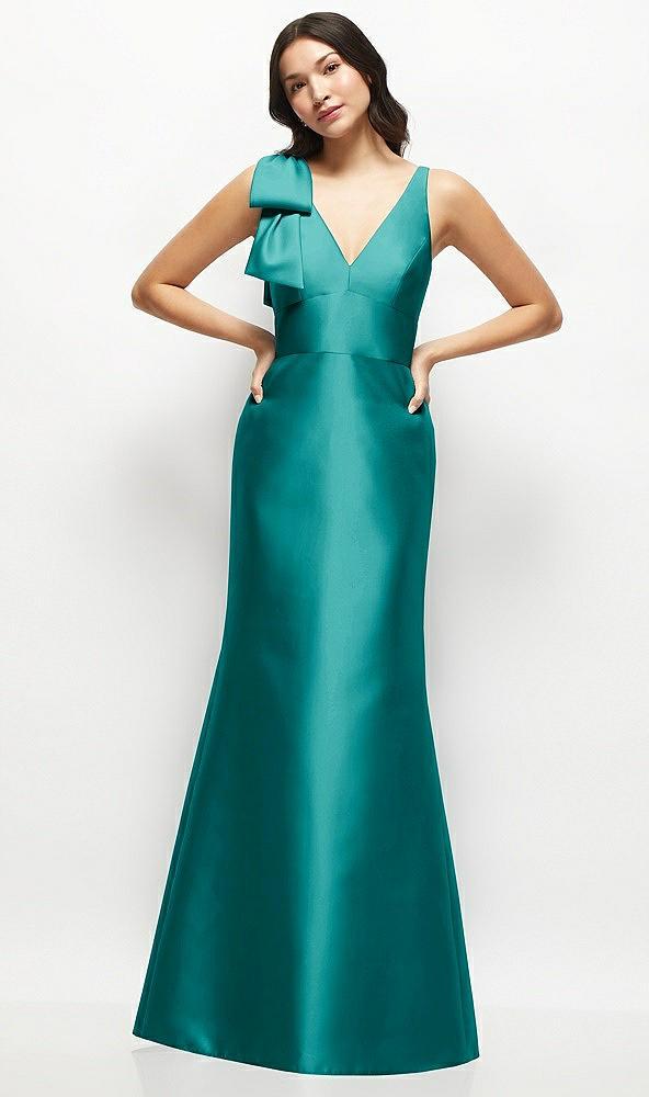 deep v-back satin trumpet dress with cascading bow at one shoulder