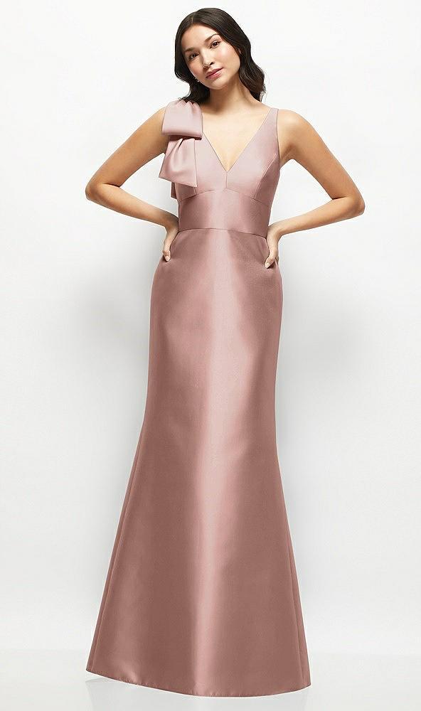 deep v-back satin trumpet dress with cascading bow at one shoulder