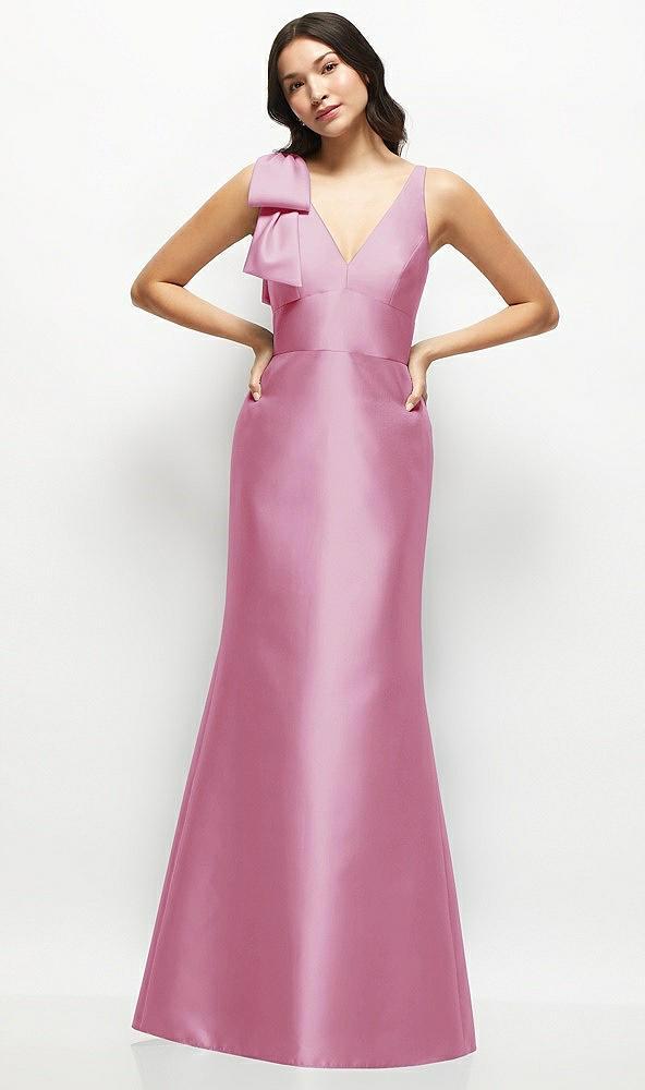 deep v-back satin trumpet dress with cascading bow at one shoulder